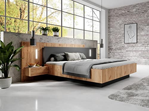 Vente-unique-Bett mit integrierten Nachttischen - 160 x 200 cm - 2 Schubladen + LEDs - Naturfarben & Anthrazit - FRANCOLI von Vente-unique