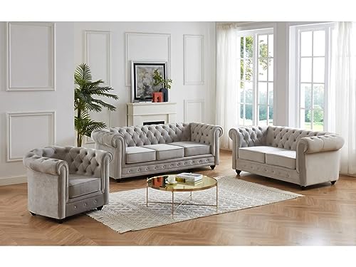 Vente-unique-Couchgarnitur 3+2+1 - Samt - Hellgrau - Chesterfield Vente-unique-Couchgarnitur 3+2+1 - Samt - Hellgrau - Chesterfield von Vente-unique