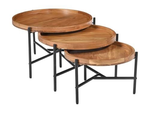 Vente-unique-Couchtisch-Set - Akazienholz & schwarzes Metall - Holzfarben hell - Elora von Vente-unique