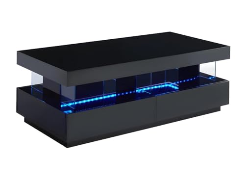 Vente-unique Couchtisch mit 2 Schubladen + 2 Ablagen + LEDs - MDF lackiert - Schwarz - Fabio von Vente-unique