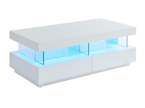 Vente-unique Couchtisch mit 2 Schubladen & 2 Ablagen + LEDs - MDF lackiert - Weiß - Fabio von Vente-unique