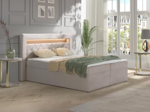 Vente-unique-Deko-Komplett-Set mit Bett-Kopfteil mit LED-Beleuchtung + Bettgestell mit Bettkasten + Matratze + Topper - 180 x 200 cm - Samt - Beige - ORANA von YSMÉE von Vente-unique