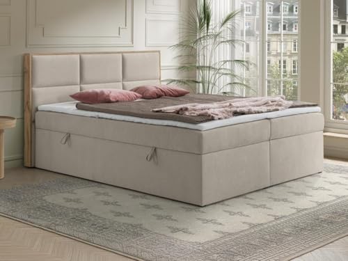 Vente-unique-Deko-Komplett-Set mit Kopfteil mit Holzrahmen + Bettgestell mit Bettkasten + Matratze + Topper - 160 x 200 cm - Stoff - Beige - SIAKI von YSMÉE von Vente-unique