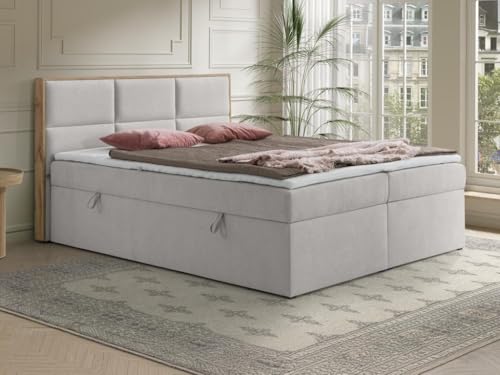Vente-unique-Deko-Komplett-Set mit Kopfteil mit Holzrahmen + Bettgestell mit Bettkasten + Matratze + Topper - 160 x 200 cm - Stoff - Hellgrau - SIAKI von YSMÉE von Vente-unique