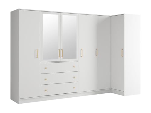 Vente-unique-Eckkleiderschrank mit 6 Türen & 3 Schubladen - Mit Spiegel - 311 cm - Weiß - Lizandro von Vente-unique
