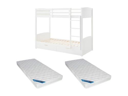 Vente-unique-Etagenbett + Matratzen - 2 x 90 x 200 cm - 2 Schubladen - Kiefer & MDF - Weiß - LIMODARA Vente-unique-Etagenbett + Matratzen - 2 x 90 x 200 cm - 2 Schubladen - Kiefer & MDF - Weiß - LIMODARA von Vente-unique