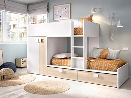 Vente-unique Etagenbett mit Kleiderschrank + Matratzen - 2X 90 x 190 cm - Weiß & Naturfarben - JUANITO von Vente-unique