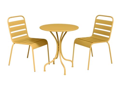 Vente-unique - Garten-Essgruppe: Tisch D. 60 cm + 2 stapelbare Stühle - Metall - Senfgelb - MIRMANDE von MYLIA von Vente-unique