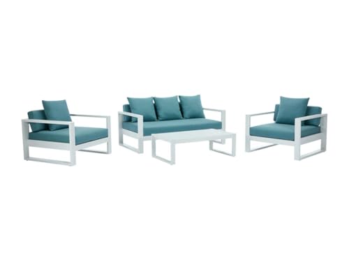 Vente-unique-Garten-Sitzgruppe: Sofa 3-Sitzer, 2 Sessel & Tisch - Aluminium - Weiß mit blauen Kissen - Molokai von MYLIA Vente-unique-Garten-Sitzgruppe: Sofa 3-Sitzer, 2 Sessel & Tisch - Aluminium - Weiß mit blauen Kissen - Molokai von MYLIA von Vente-unique