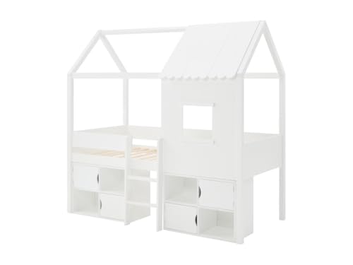Vente-unique-Halbhohes Bett in Hausoptik - 90 x 190 cm - Kiefer & MDF - Weiß - VALESKIA von Vente-unique
