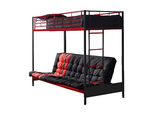 Vente-unique Hochbett 90 x 190 cm – mit ausziehbarer Sitzbank – Metall – Schwarz und Rot + Futon – Modell V von Vente-unique