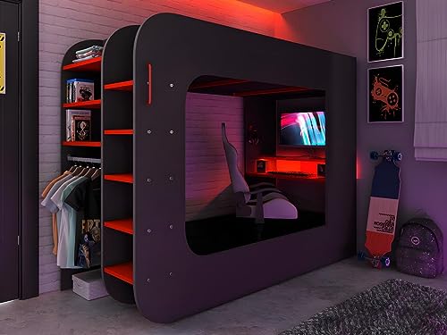 Vente-unique - Hochbett mit Gaming-Schreibtisch & Stauraum + LEDs - 90 x 200 cm - Anthrazit & Rot - Warrior von Vente-unique