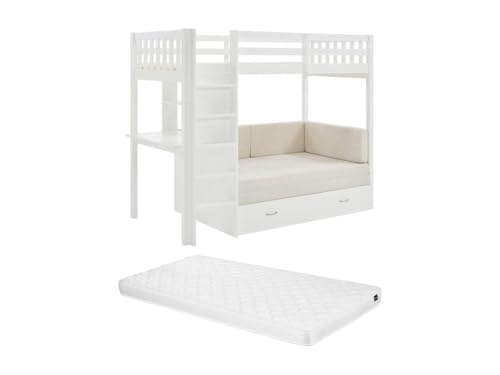 Vente-unique-Hochbett mit Sofa mit Schlaffunktion + Matratze - 90 x 190 cm- Kiefernholz & MDF - Weiß - ORPELIA von Vente-unique