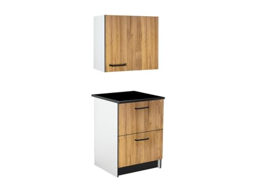 Vente-unique - Küchenmöbel - 1 Unterschrank & 1 Oberschrank - 2 Schubladen & 1 Tür - Holzfarben & Schwarz - TRATTORIA von Vente-unique