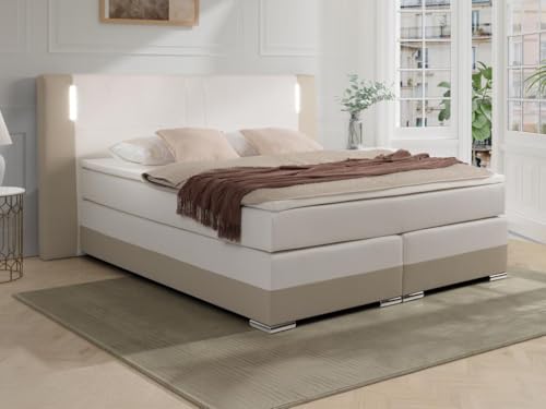 Vente-unique-LED-Boxspringbett mit Kopfteil + Lattenroste + Matratzen + Topper - 160 x 200 cm - Kunstleder - Weiß & Cremefarben - ASTI von YSMÉE von Vente-unique