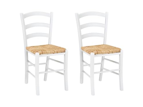 Vente-unique Paysanne Stühle, massives Buchenholz & Reisstroh, Weiß, 2 Stück von Vente-unique