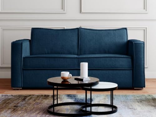 Vente-unique-Schlafsofa mit Matratze 3-Sitzer - Cord - Blau - Liegefläche 140 cm - Matratze 22 cm - Loreto von Vente-unique