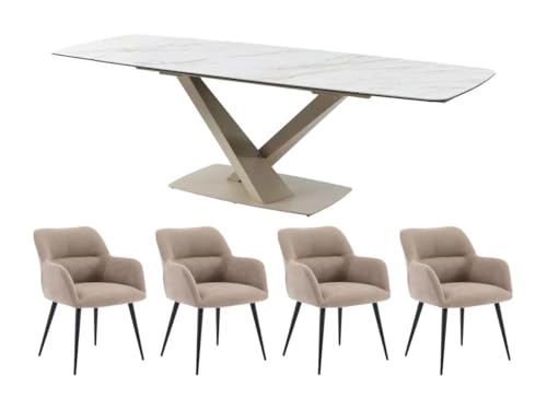 Vente-unique-Set Tisch MALATA + 4 Stühle HEKA - Marmor-Optik - Weiß & Beige von Vente-unique