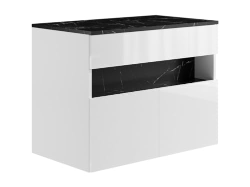 Vente-unique - Waschbeckenunterschrank hängend mit Aufsatzplatte - mit LED-Beleuchtung - Weiß & Schwarz - Marmor-Optik - 80 cm - POZEGA von Vente-unique