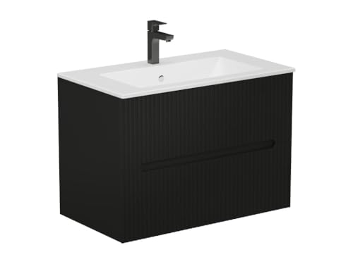 Vente-unique-Waschbeckenunterschrank hängend mit Einbauwaschbecken - 80 cm - Schwarz gerippt - PAVANI von Vente-unique