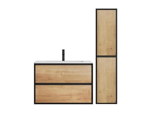 Vente-unique-Waschbeckenunterschrank hängend mit Einbauwaschbecken & Badhochschrank - Holzfarben hell & Schwarz - 80 cm - LANNICK von Vente-unique