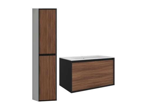 Vente-unique-Waschbeckenunterschrank hängend mit Einbauwaschbecken & Badhochschrank - Streifenoptik - Holzfarben dunkel & Schwarz - 80 cm - BANIVA von Vente-unique