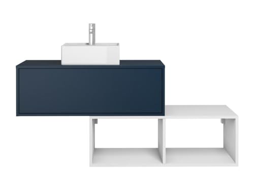 Vente-unique - Waschbeckenunterschrank hängend mit quadratischem Waschbecken - 1 Blaue Schublade & 2 weiße Ablagefächer - 94 cm - TEANA II von Vente-unique