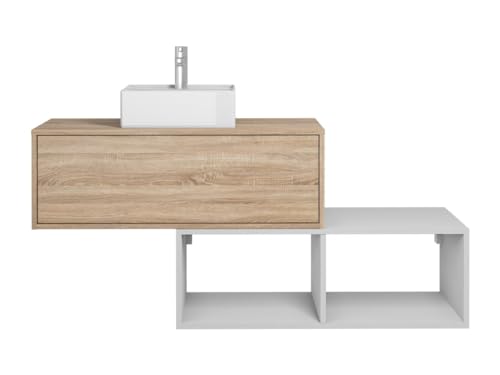 Vente-unique - Waschbeckenunterschrank hängend mit quadratischem Waschbecken - 1 Schublade in Heller Holzfarbe & 2 weiße Ablagefächer - 94 cm - TEANA II von Vente-unique