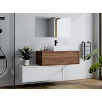 Waschbeckenunterschrank hängend mit Einzelwaschbecken & zwei Schubladen - Naturfarben dunkel & Weiß - 94 cm - TEANA II Waschbeckenunterschrank hängend mit Einzelwaschbecken & zwei Schubladen - Naturfarben dunkel & Weiß - 94 cm - TEANA II von Vente-unique
