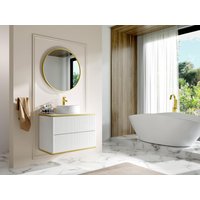 Waschbeckenunterschrank hängend mit rundem Aufsatzwaschbecken - Streifenoptik - Goldfarbene Umrandung - Weiß - 80 cm - KELIZA von Vente-unique