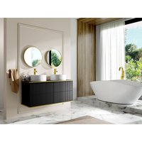 Waschbeckenunterschrank hängend mit rundem Doppelaufsatzwaschbecken - Streifenoptik - Goldfarbene Umrandung - Schwarz - 120 cm - KELIZA von Vente-unique