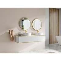Waschbeckenunterschrank hängend mit rundem Doppelaufsatzwaschbecken - Streifenoptik - Goldfarbene Umrandung - Weiß - 150 cm - KELIZA von Vente-unique