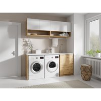 Waschküchenmöbel für Waschmaschine mit Arbeitsplatte - 182 cm - Weiß & Holzfarben hell - NATAJI von Vente-unique