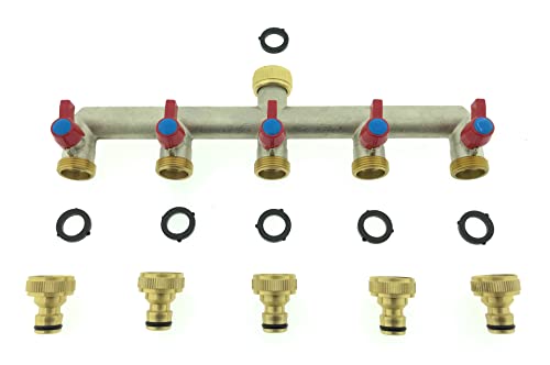 Ventilkappenkönig 5-Wege Messing Wasserhahn Wasserverteiler Anschluss 5 Geräten Absperrhahn Gartenschlauch 5er Verteiler 3/4" Adapter 1/2" von Ventilkappenkönig
