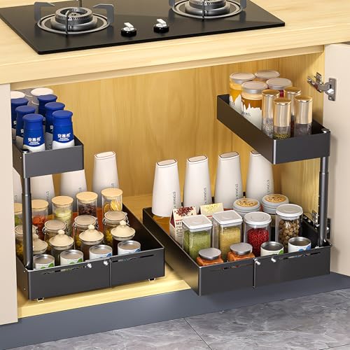 2 Stück Ausziehbar Spülschrank Organizer: Doppelschicht Unterschrank Organizer Höhenverstellbares Verstärktes Unter Waschbecken Regal für Küche Badezimmer Schrank (Schwarz, 2 Stück) von Ventouse
