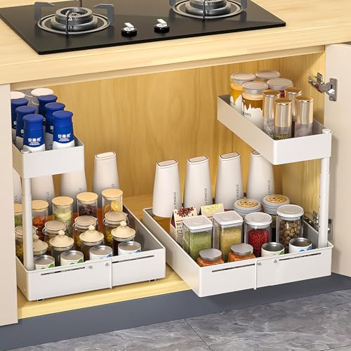 2 Stück Ausziehbar Spülschrank Organizer: Doppelschicht Unterschrank Organizer Höhenverstellbares Verstärktes Unter Waschbecken Regal für Küche Badezimmer Schrank (Weiß, 2 Stück) von Ventouse