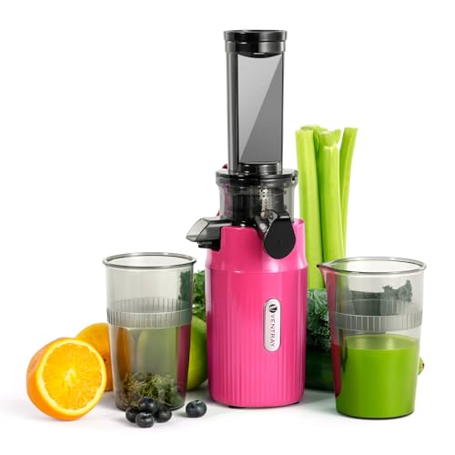 Ventray Ginnie Entsafter | Slow Juicer mit 60 U/min | 45mm Öffnung | Rückwärts Funktion und Zwei Filtergrößen | BPA Freie | 100 Watt | Leicht zu Reinigen & Leiser | Schlankes Design | 400ml | Rosa von Ventray