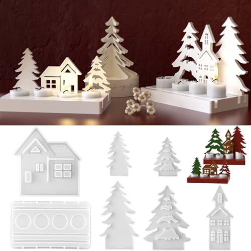 7PCS Weihnachten Silikonformen Gießformen Kerzenhalter Set, Giessformen Silikon Haus Gießformen Silikon Tannenbaum und Giessformen Haus, für die DIY Duftkerzenherstellung (A) von Ventufelix