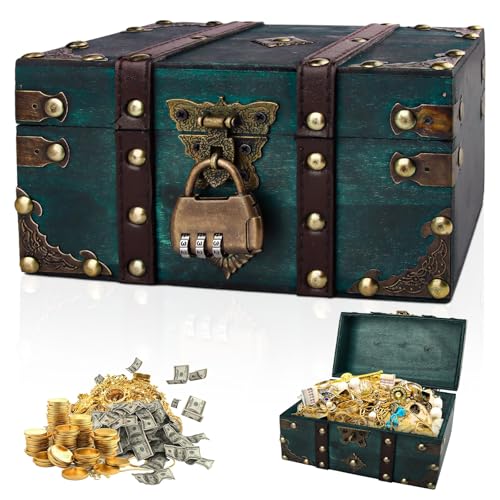 Ventufelix Vintage Schatztruhe aus Holz mit Schloss - Piraten Schatzsuche Kiste für Aufbewahrung, Kindergeburtstag Dekoration & Sparschwein - Schatzkiste Kinder Klein (18 x 11 x 10cm) (Grün) von Ventufelix