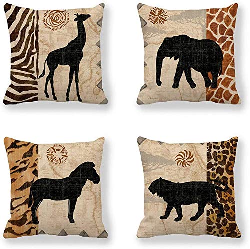 VenusL Set von 4 Afrikanischen Tieren, Giraffe, Elefant, Pferd, Leopard mit Zebramuster und Leopardenmuster, dekorativer Überwurf-Kissenbezug, einseitig bedruckt, Baumwoll-Leinen, 45 x 45 cm von Venus*L