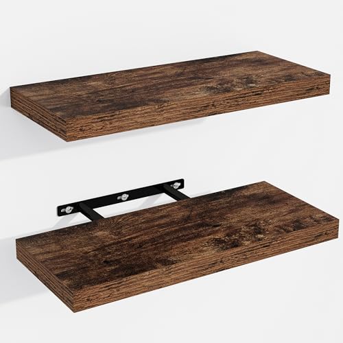 Venusmiles Schweberegale für die Wand, Wandregale mit unsichtbaren Halterungen, 2 kleine schwebende Wandregale aus Holz für Wohnzimmer, Schlafzimmer, Küche, Bad (Braun, 38,1 cm B x 15,2 cm T x 2,5 cm von Venusmiles
