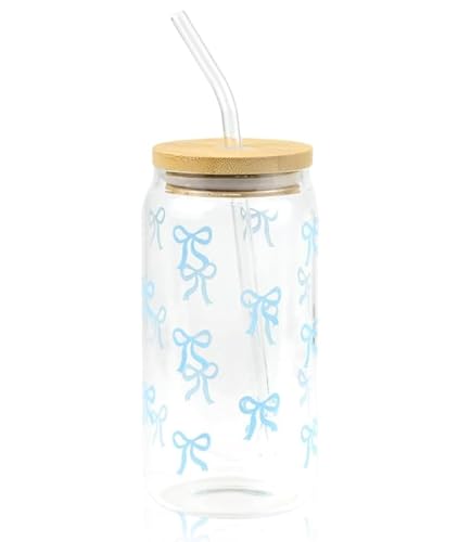 Vepbk Trinkgläser mit Deckel und Strohhalm Blau Schleife Eiskaffee Gläser 500 ml Glasbecher für Eiskaffee, Bubble Tea oder Cocktails Blau von Vepbk