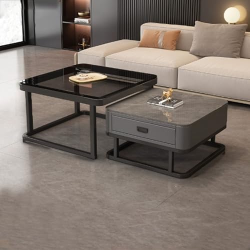 Couchtisch Weiß 2er Set Moderne wohnzimmertisch mit Glas Desktop, Hochglanz Satztisch mit Schubladen, für Wohnzimmer, Balkon und Büro(Black+dark gray) von Vepnby
