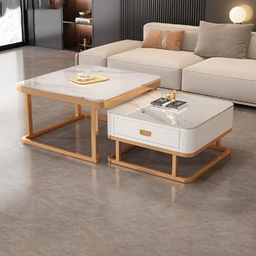 Couchtisch Weiß 2er Set Moderne wohnzimmertisch mit Glas Desktop, Hochglanz Satztisch mit Schubladen, für Wohnzimmer, Balkon und Büro(Gold+gold) von Vepnby