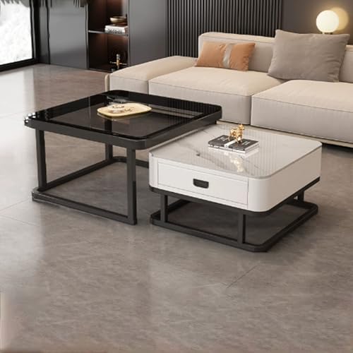 Couchtisch Weiß 2er Set Moderne wohnzimmertisch mit Glas Desktop, Hochglanz Satztisch mit Schubladen, für Wohnzimmer, Balkon und Büro(White+black) von Vepnby