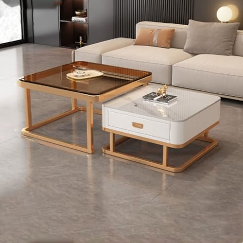 Couchtisch Weiß 2er Set Moderne wohnzimmertisch mit Glas Desktop, Hochglanz Satztisch mit Schubladen, für Wohnzimmer, Balkon und Büro(White+gold) von Vepnby