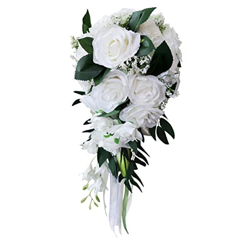 Künstliche Hochzeit Brautstrauß Weiße Rose Cascading Bouquet Wasserfall Hochzeit mit Blume mit grünen Blättern Dekor von Vepoty