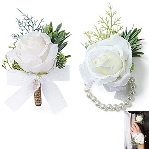 Vepoty Blumen-Handgelenk-Corsage-Boutonniere-Set, künstliche Rose, Handgelenk-Blume für Hochzeit, Braut, Abschlussball, Party-Zubehör von Vepoty