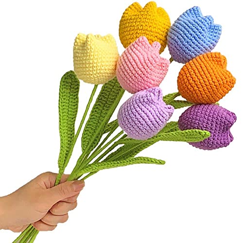 Vepoty Handgewebte Strickblumen, 7 Stück, Bunte künstliche Tulpen, Blumen, Häkelblumen für Büro, Tisch, Hochzeit, Heimdekoration von Vepoty