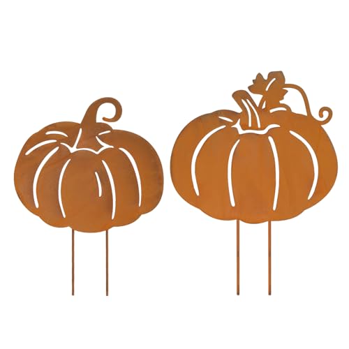 2er Rost Kürbis Gartenstecker,Herbst Deko Kürbis Outdoor,Rostiges Kürbis,Metall Kürbis Roststecker für Garten Terrasse Balkon Halloween,Rost Deko Herbst von VerLuky